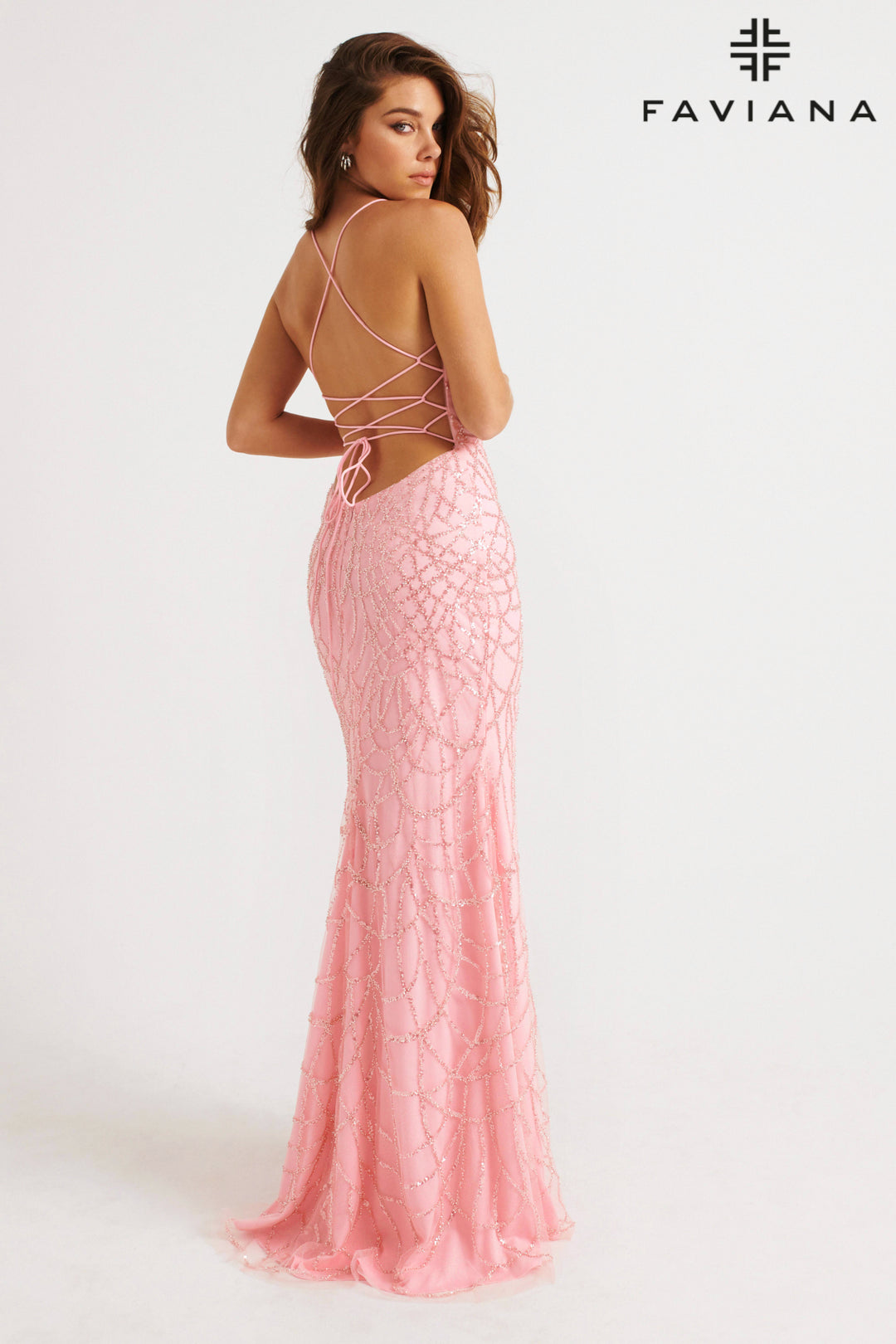 Beaded Strappy Back Slit Gown by Faviana 11084