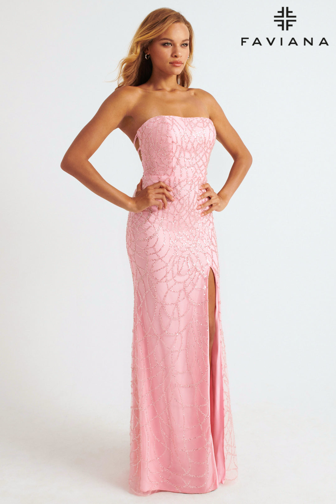 Applique Fitted Strapless Slit Gown by Faviana 11085