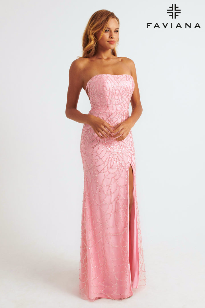 Applique Fitted Strapless Slit Gown by Faviana 11085