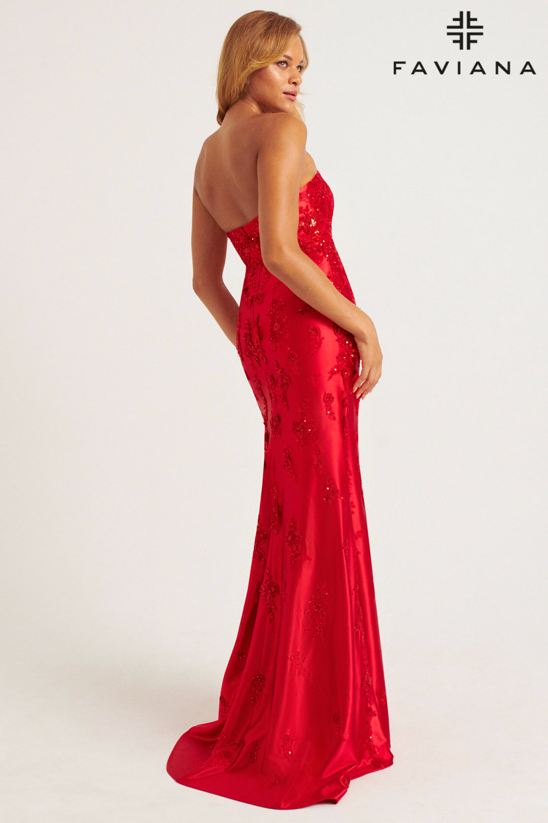 Applique Satin Strapless Slit Gown by Faviana 11228