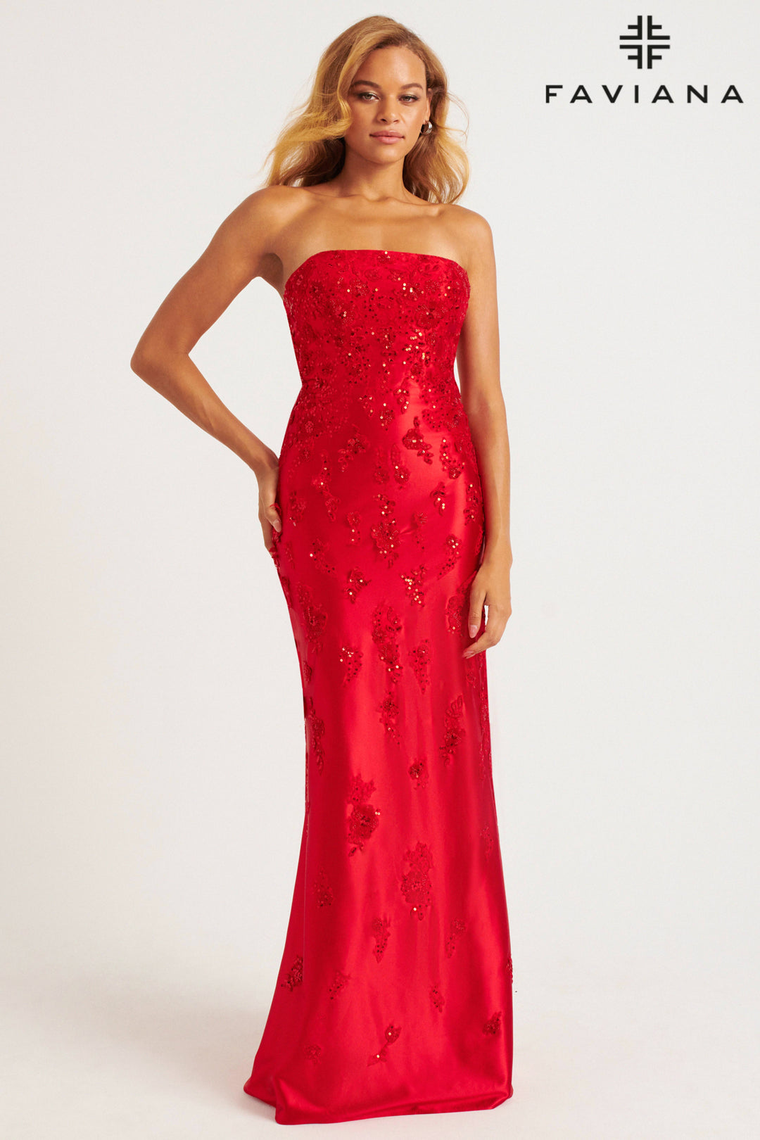 Applique Satin Strapless Slit Gown by Faviana 11228