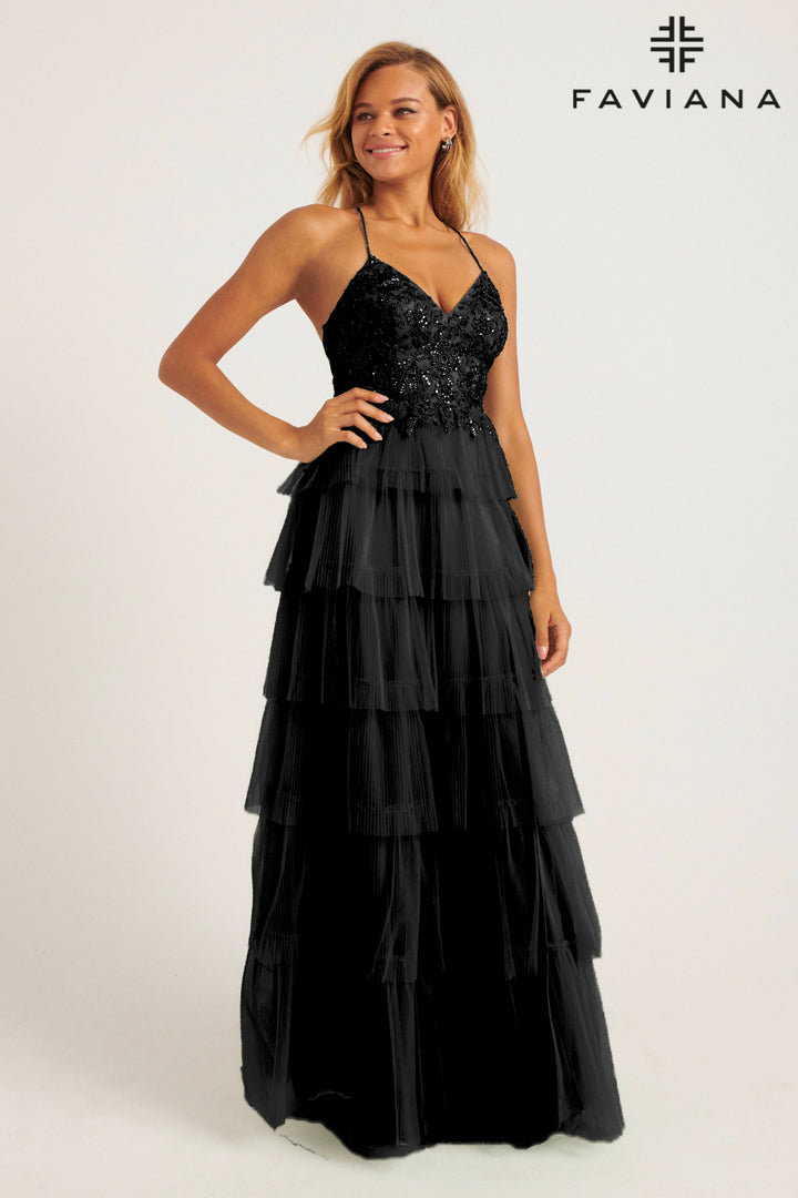 Tulle V-Neck A-line Tiered Gown by Faviana 11231