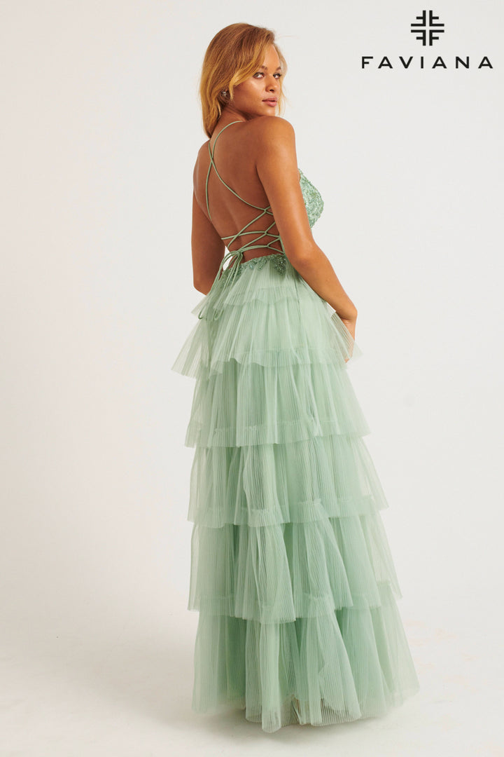 Tulle V-Neck A-line Tiered Gown by Faviana 11231