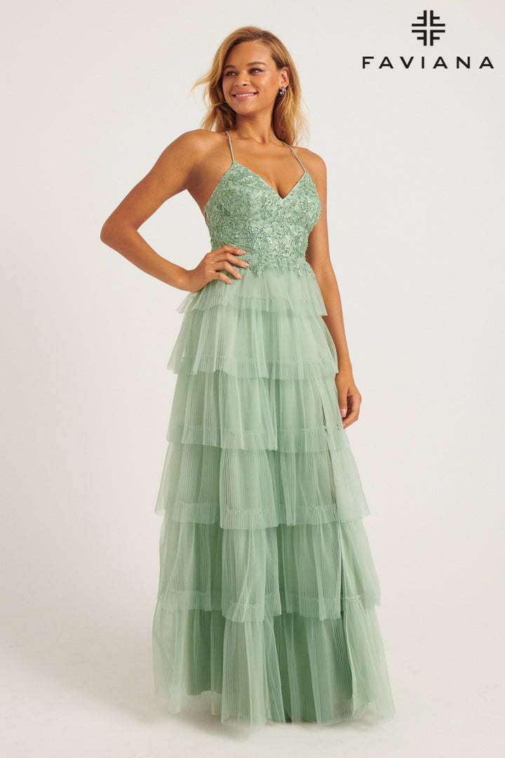 Tulle V-Neck A-line Tiered Gown by Faviana 11231