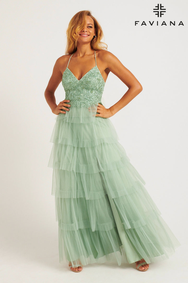 Tulle V-Neck A-line Tiered Gown by Faviana 11231