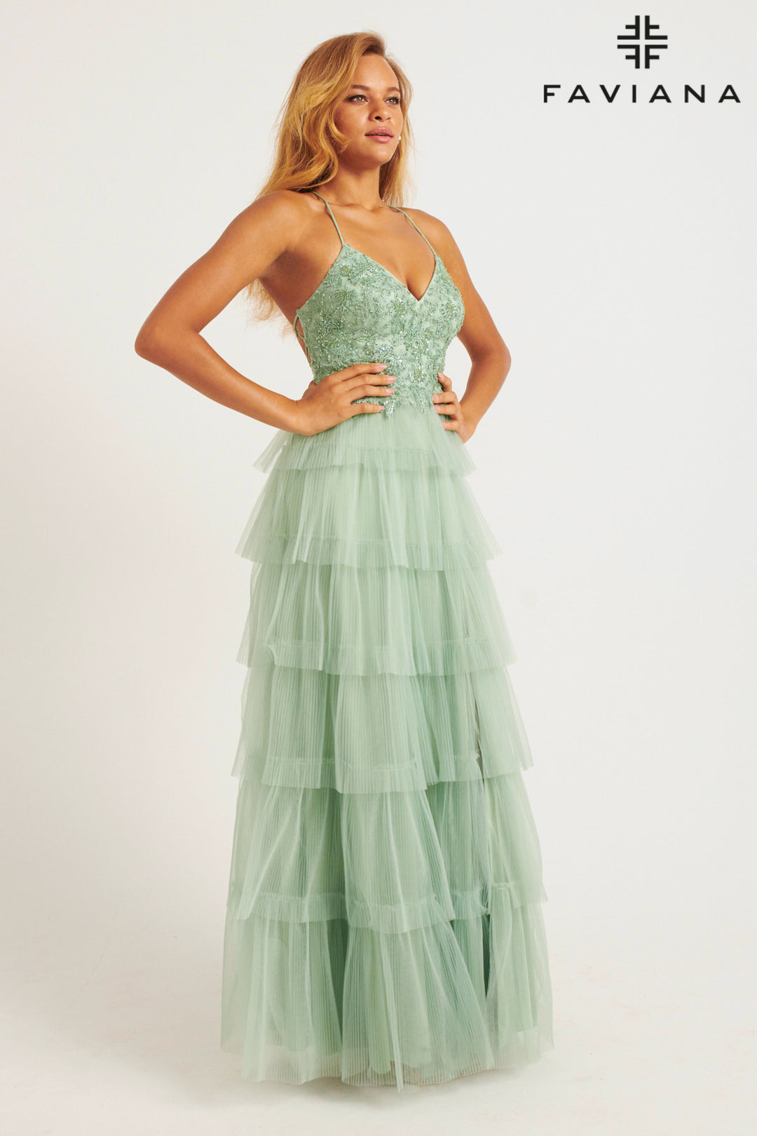 Tulle V-Neck A-line Tiered Gown by Faviana 11231