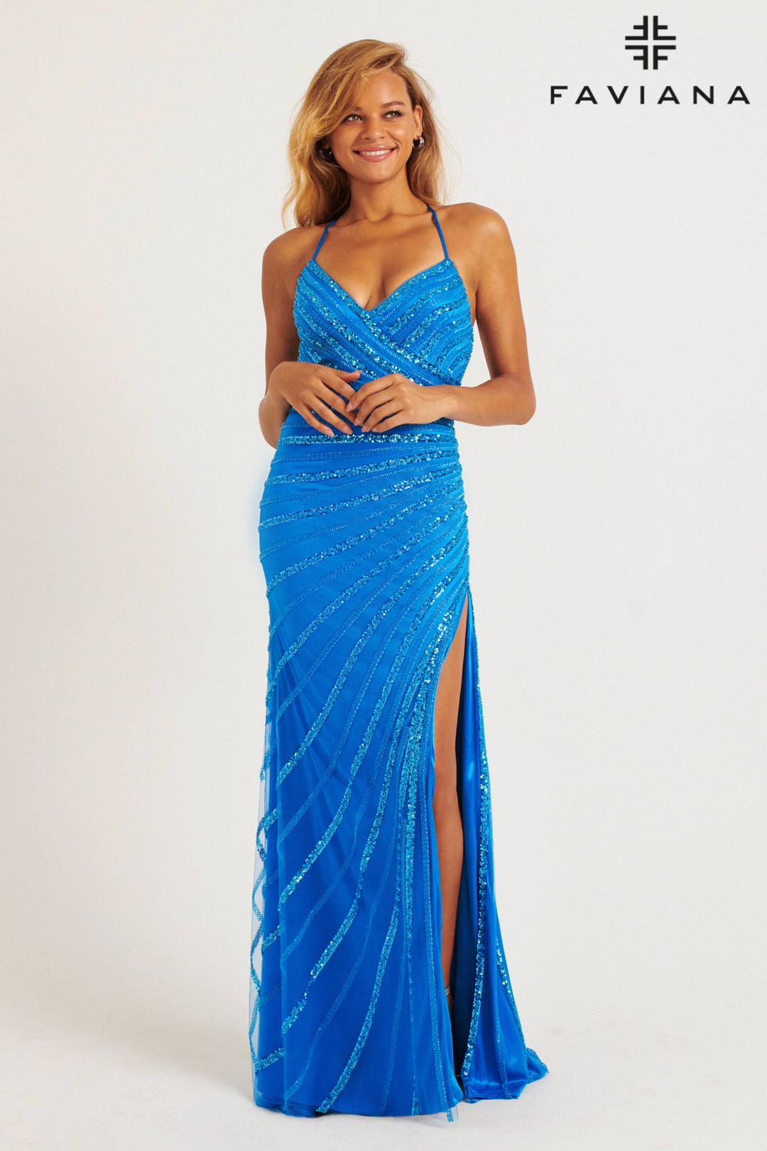 Beaded Fitted V-Neck Slit Gown by Faviana 11242