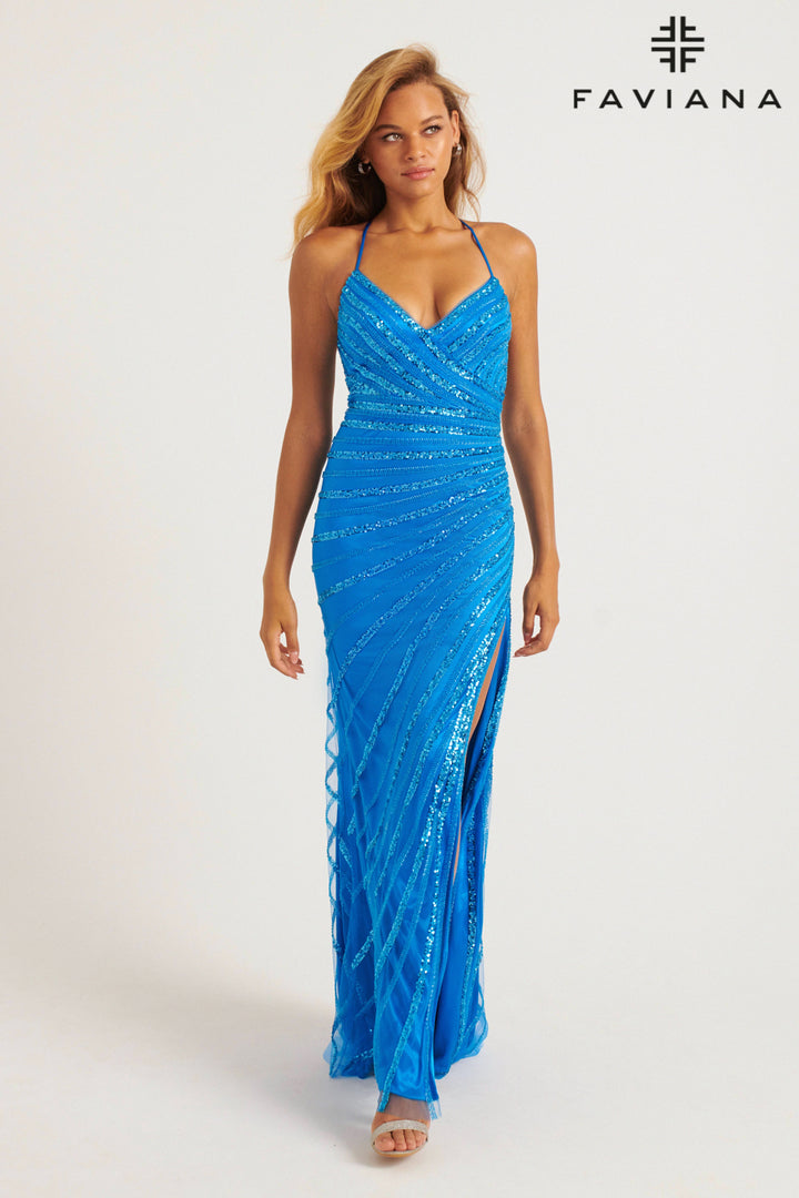 Beaded Fitted V-Neck Slit Gown by Faviana 11242