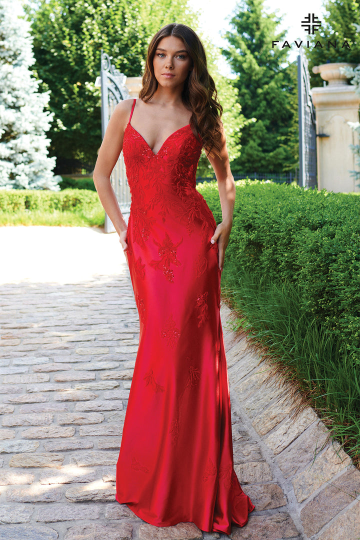 Lace Applique Satin V-Neck Gown by Faviana 11245