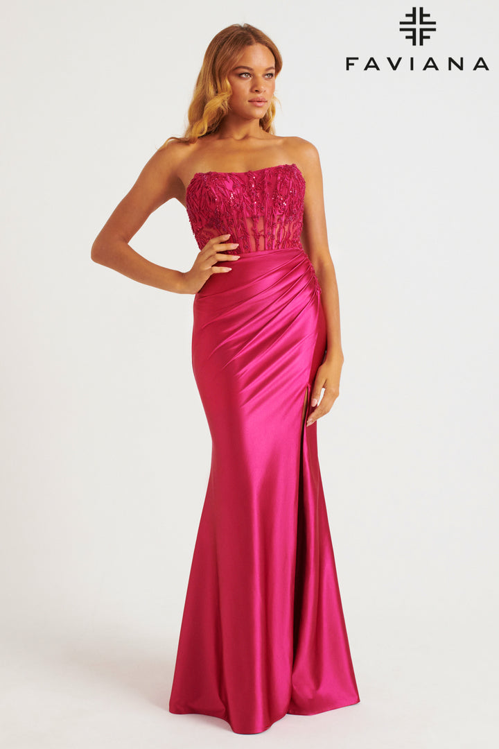 Applique Satin Strapless Slit Gown by Faviana 11246