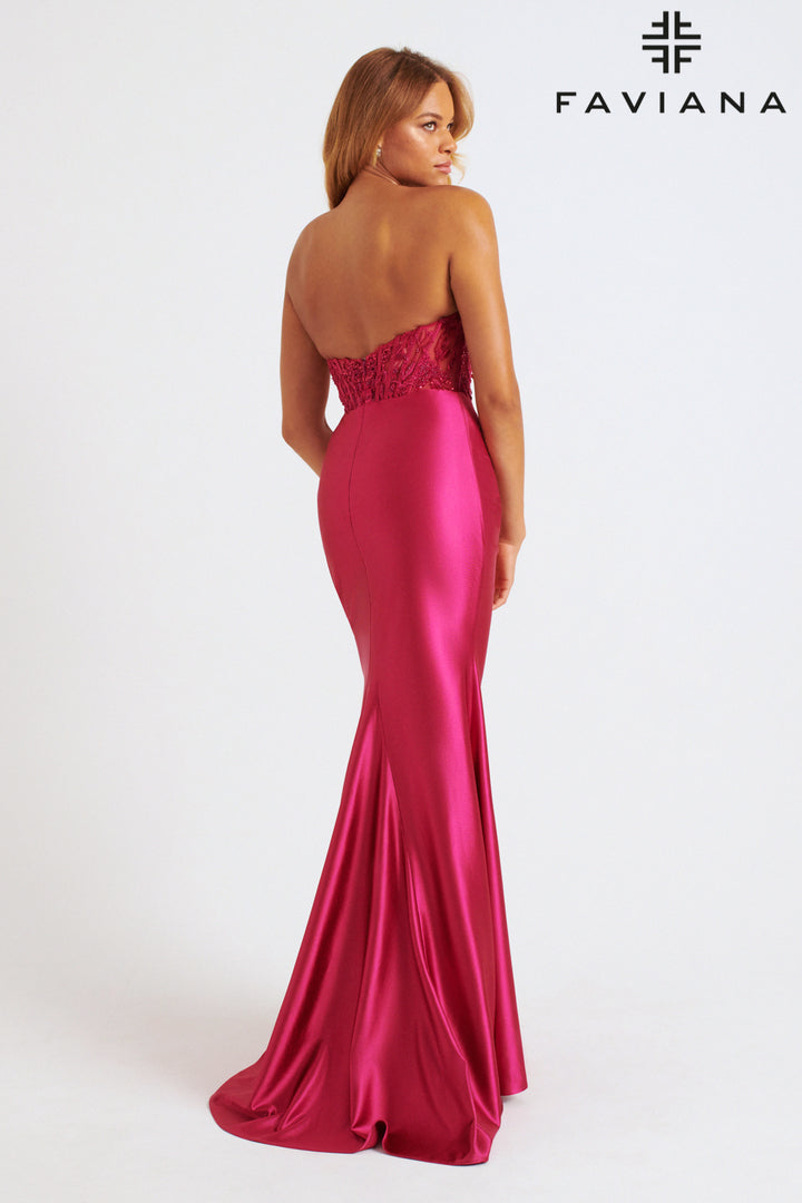 Applique Satin Strapless Slit Gown by Faviana 11246