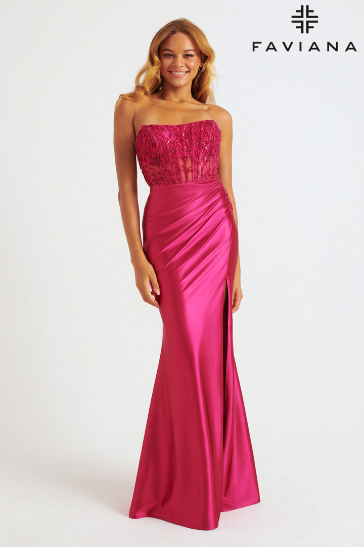 Applique Satin Strapless Slit Gown by Faviana 11246