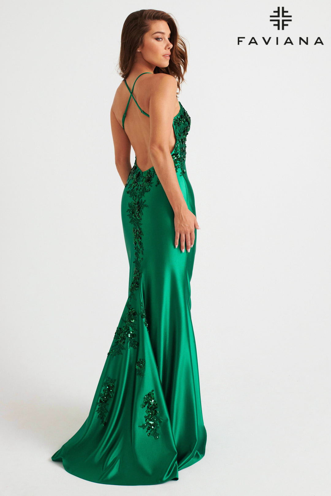 Beaded Satin Sleeveless Slit Gown by Faviana 11247