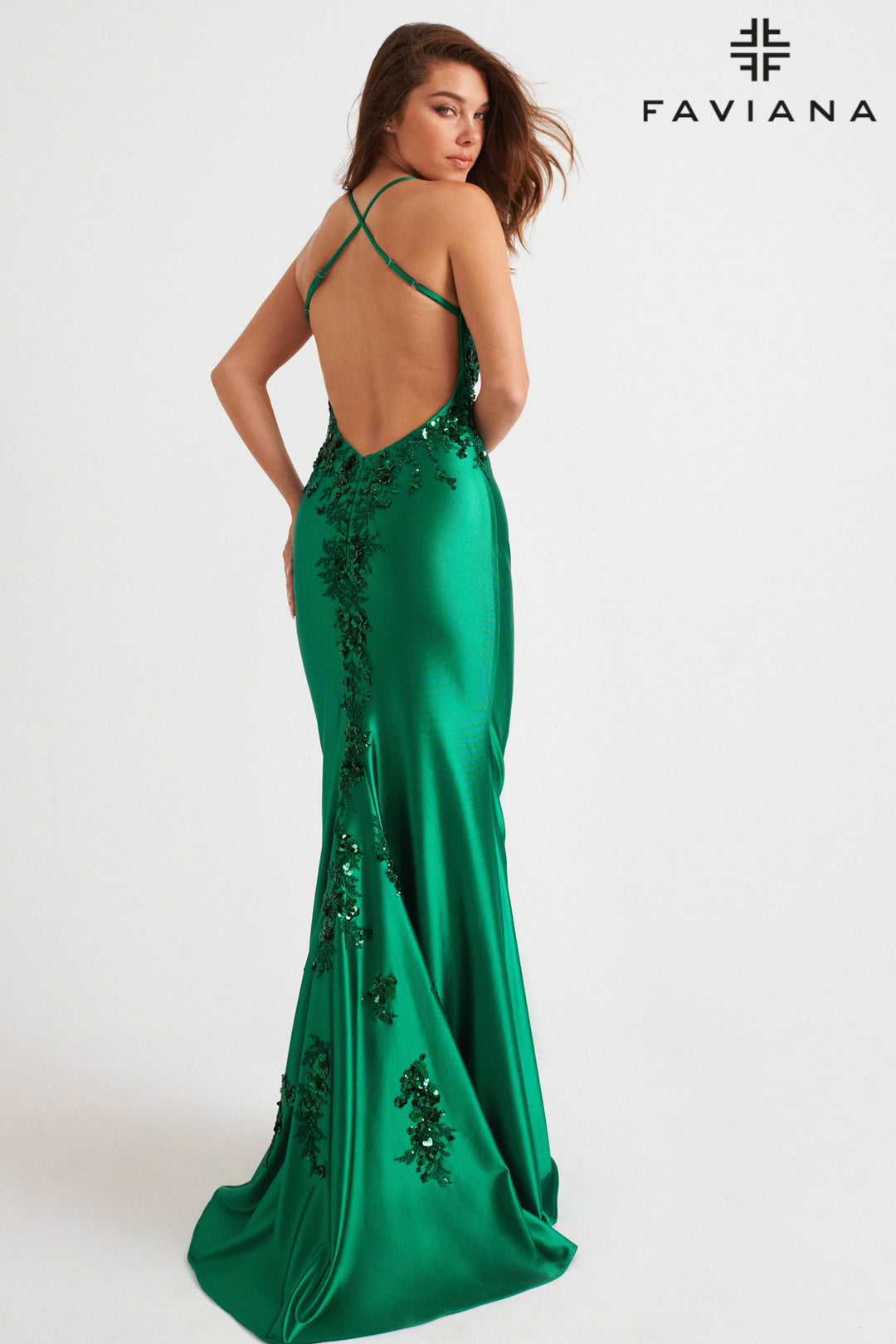 Beaded Satin Sleeveless Slit Gown by Faviana 11247