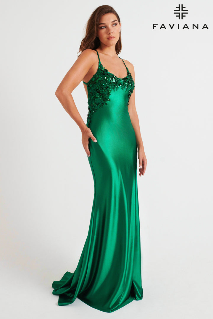 Beaded Satin Sleeveless Slit Gown by Faviana 11247