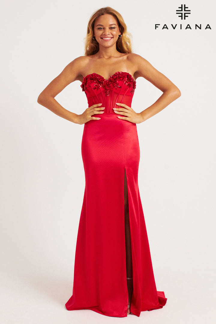 Rosette Satin Strapless Gown by Faviana 11248