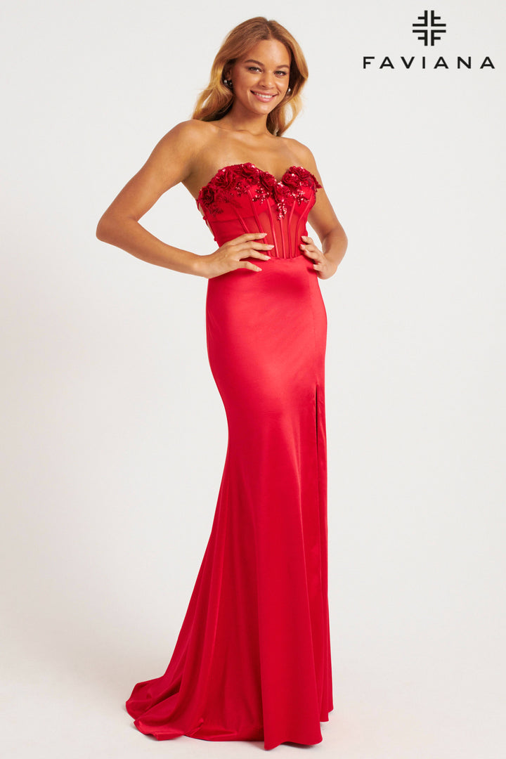 Rosette Satin Strapless Gown by Faviana 11248