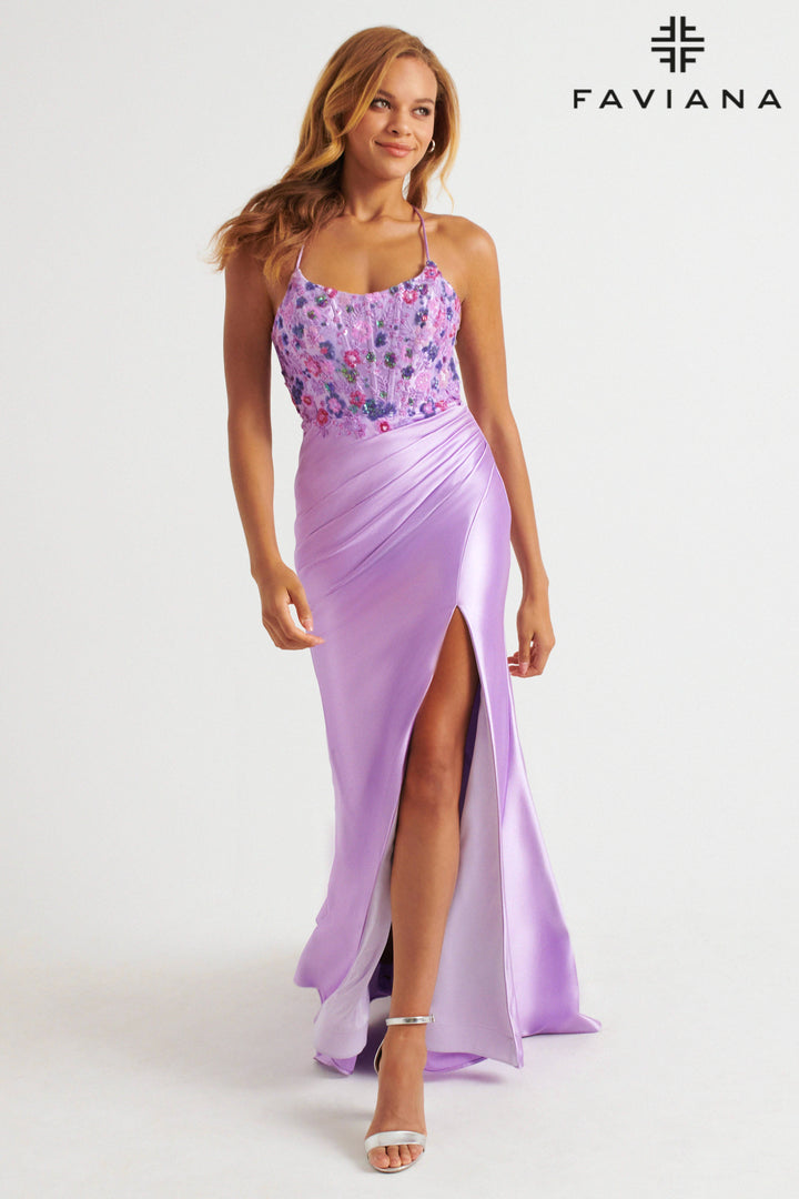 Floral Applique Sleeveless Slit Gown by Faviana 11252