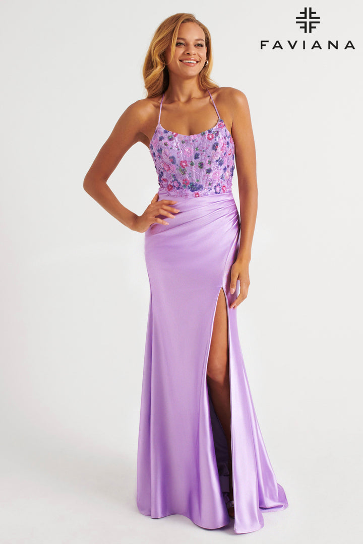 Floral Applique Sleeveless Slit Gown by Faviana 11252