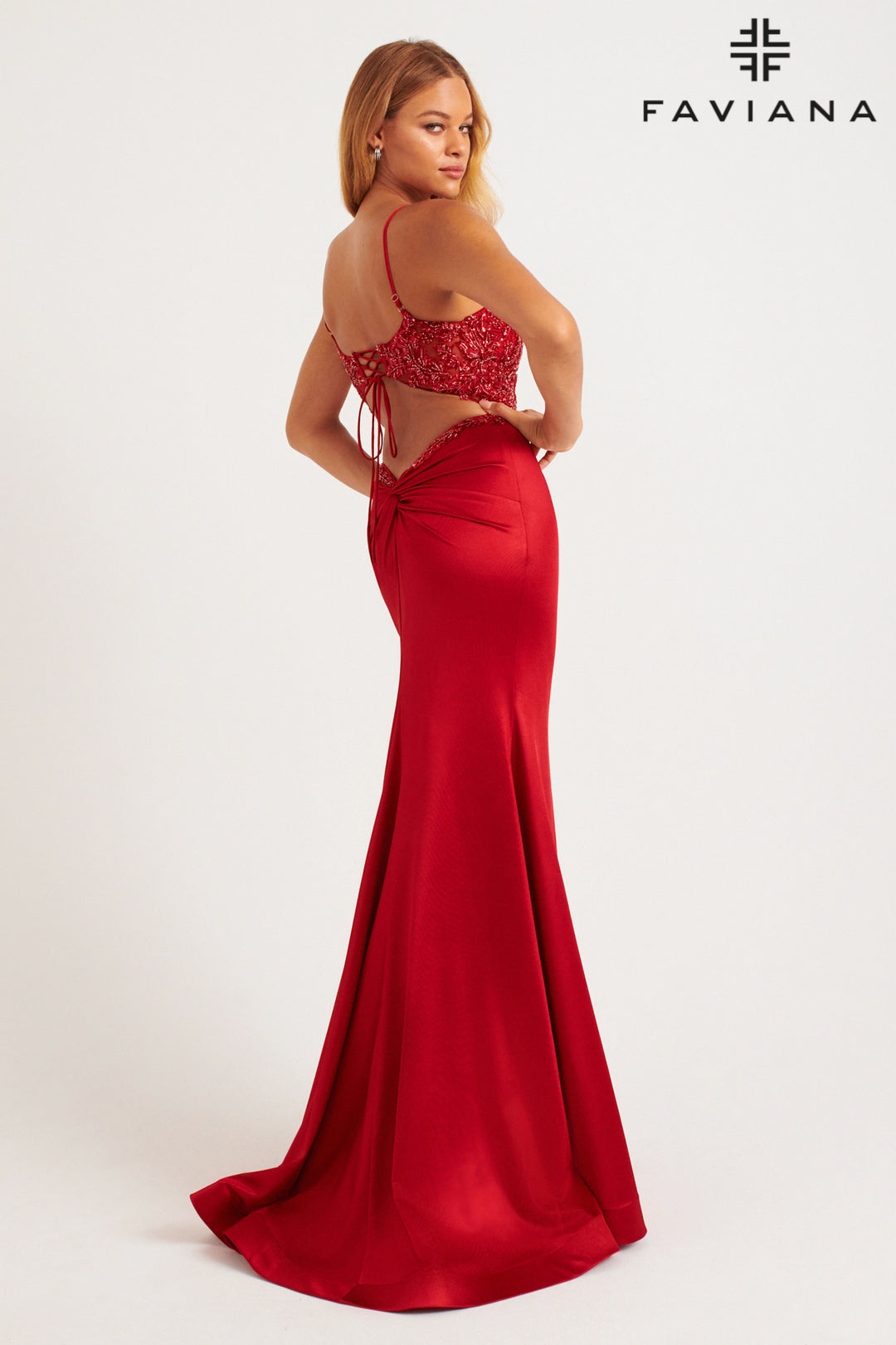 Beaded Satin Sleeveless Slit Gown by Faviana 11256