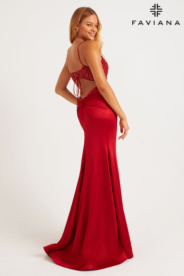 Beaded Satin Sleeveless Slit Gown by Faviana 11256