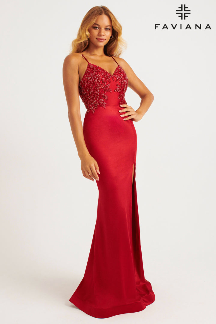 Beaded Satin Sleeveless Slit Gown by Faviana 11256