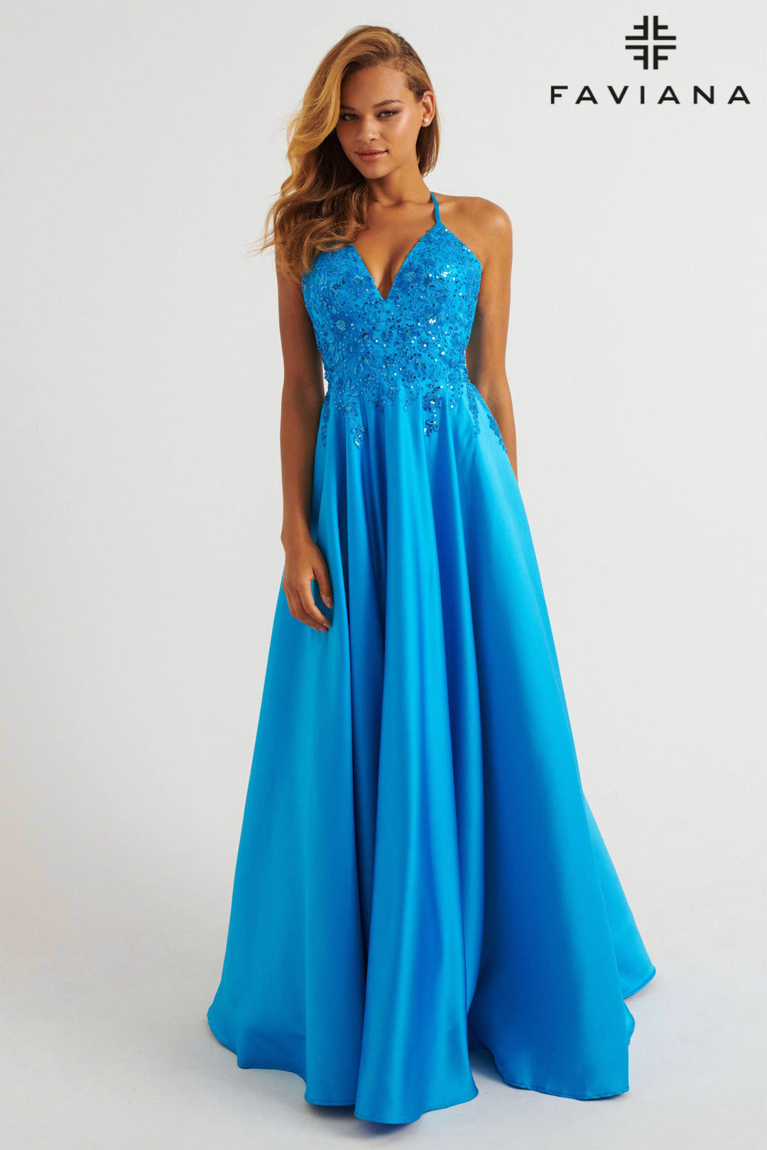 Beaded Satin V-Neck A-line Gown by Faviana 11260