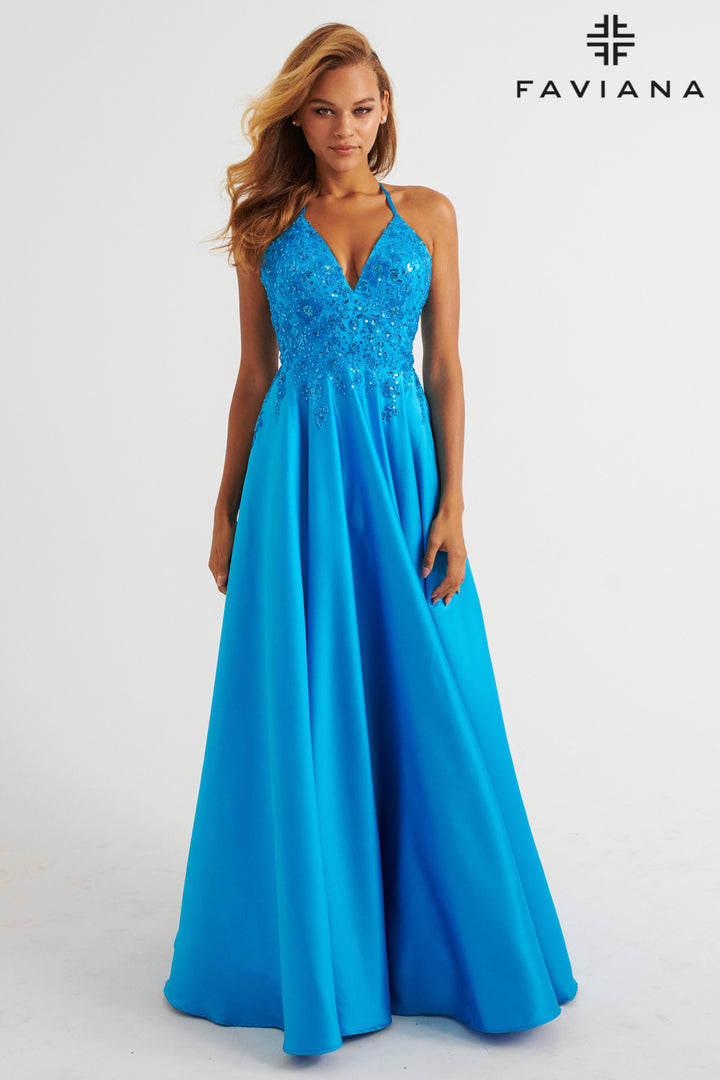 Beaded Satin V-Neck A-line Gown by Faviana 11260