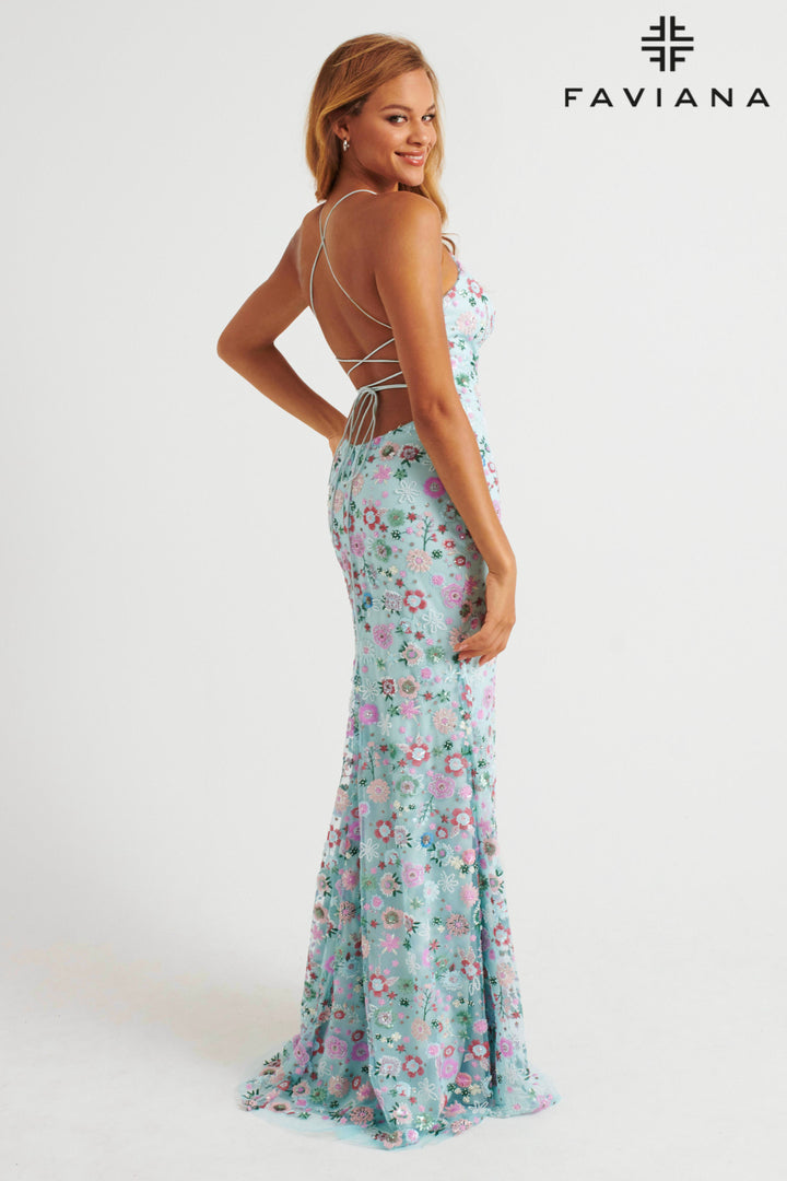 Floral Beaded V-Neck Slit Gown by Faviana 11263