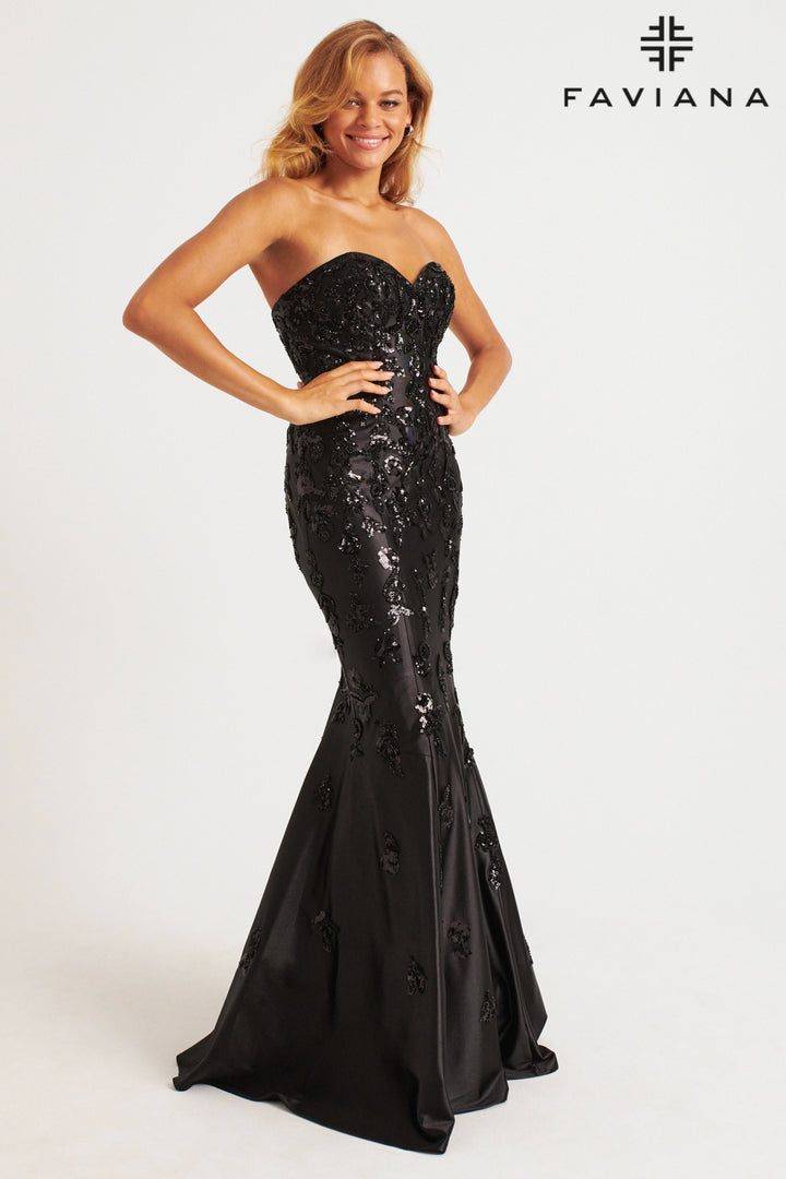 Sequin Satin Strapless Mermaid Dress by Faviana 11271