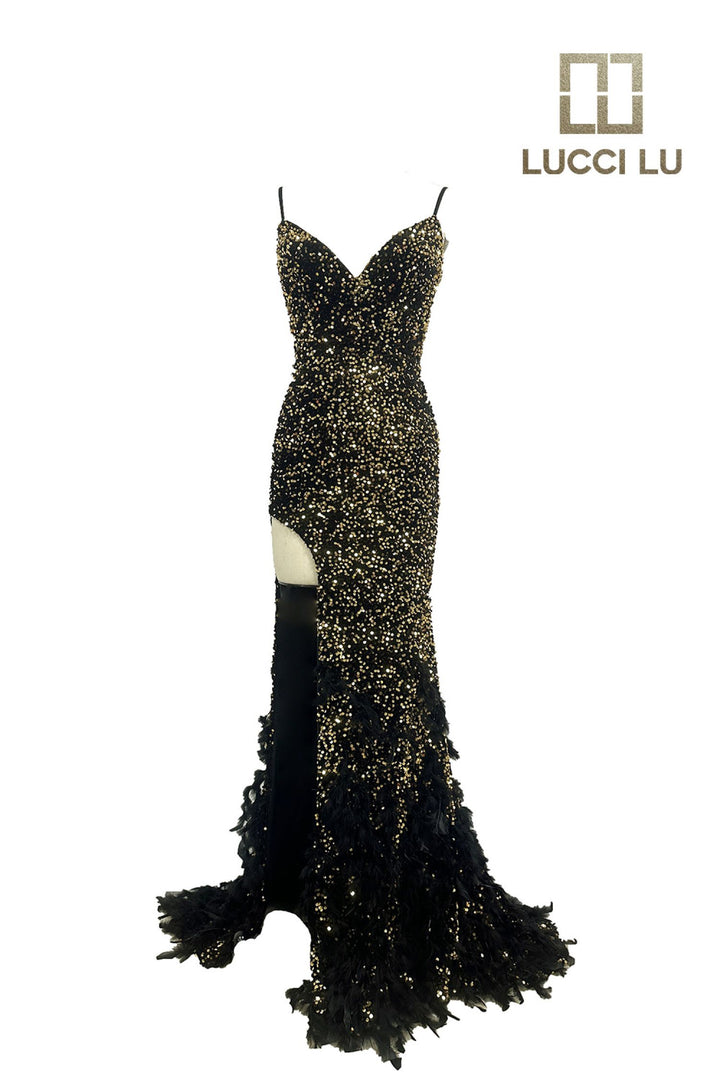 Sequin Fitted V-Neck Feather Gown by Lucci Lu 1299