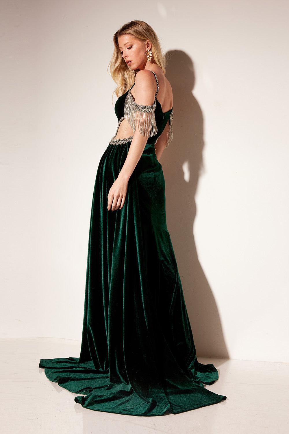 Velvet Fitted Off Shoulder Fringe Gown by Lucci Lu 1310