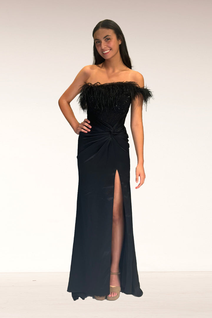 Feather Off Shoulder Slit Gown by Lucci Lu 1326