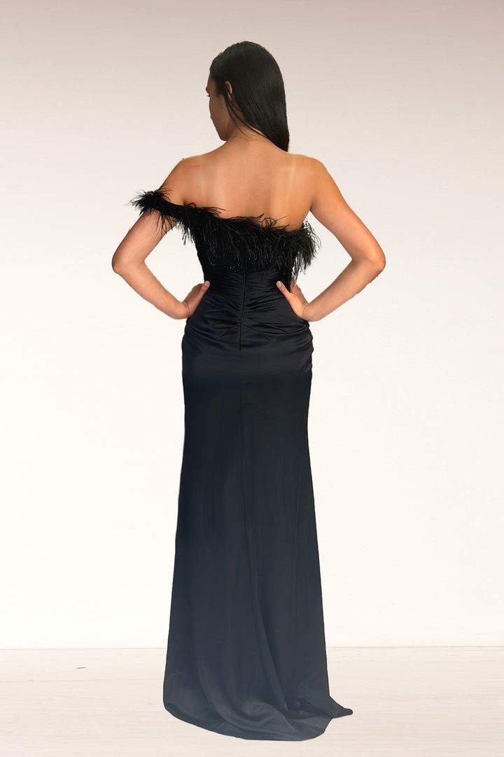 Feather Off Shoulder Slit Gown by Lucci Lu 1326