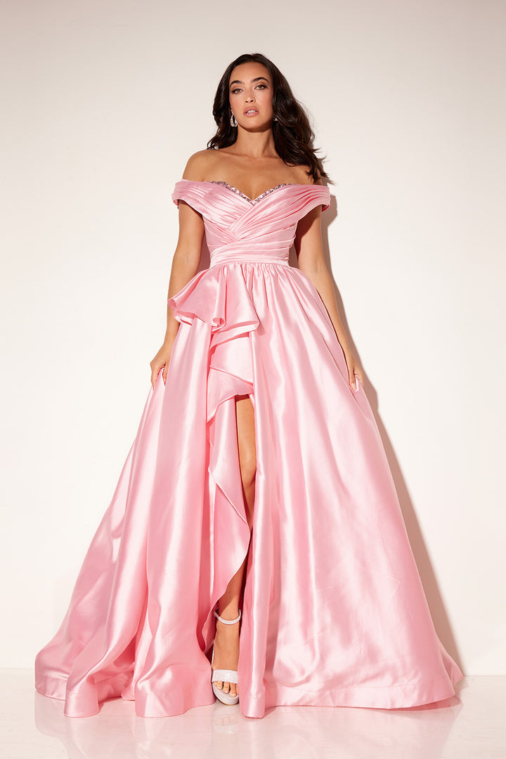 Taffeta Off Shoulder A-line Slit Gown by Lucci Lu 1341