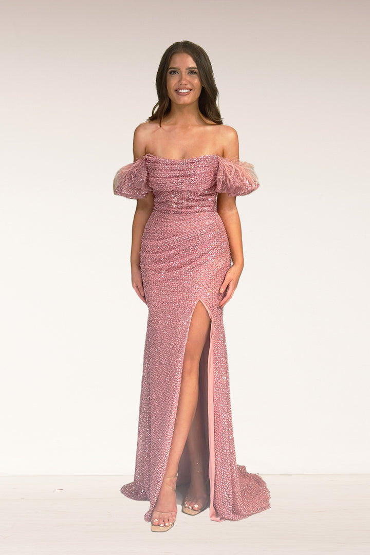 Feather Fitted Off Shoulder Slit Gown by Lucci Lu 1345