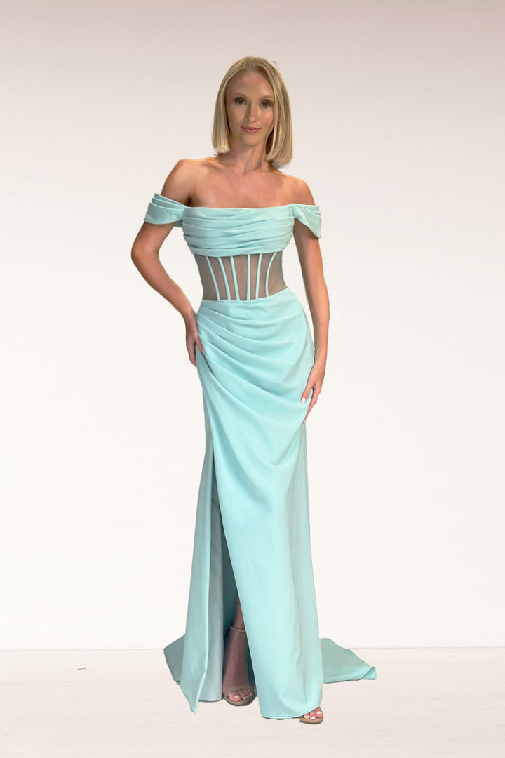 Crepe Fitted Off Shoulder Slit Gown by Lucci Lu 1361