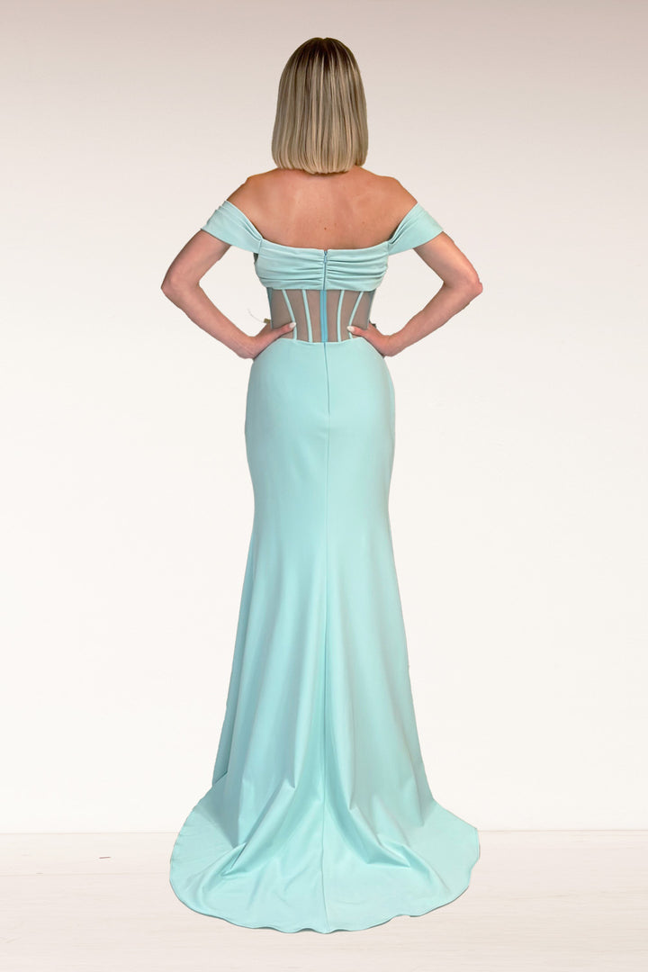 Crepe Fitted Off Shoulder Slit Gown by Lucci Lu 1361