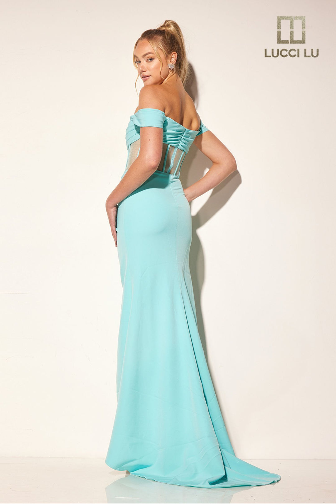 Crepe Fitted Off Shoulder Slit Gown by Lucci Lu 1361