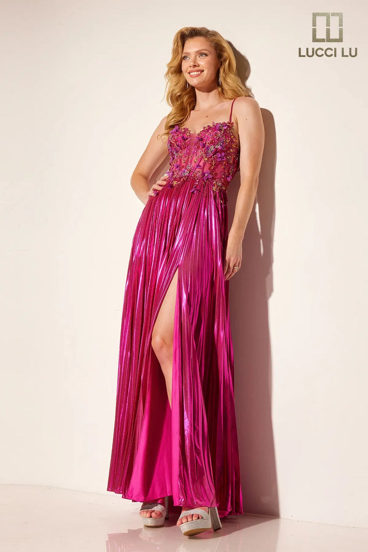 3D Floral Metallic A-line Slit Gown by Lucci Lu 1371