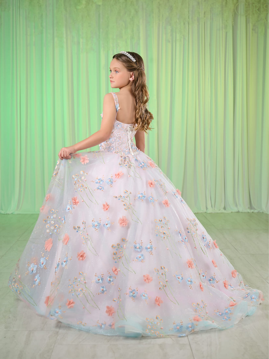 Girls Floral Applique Gown by Tiffany Princess 13770