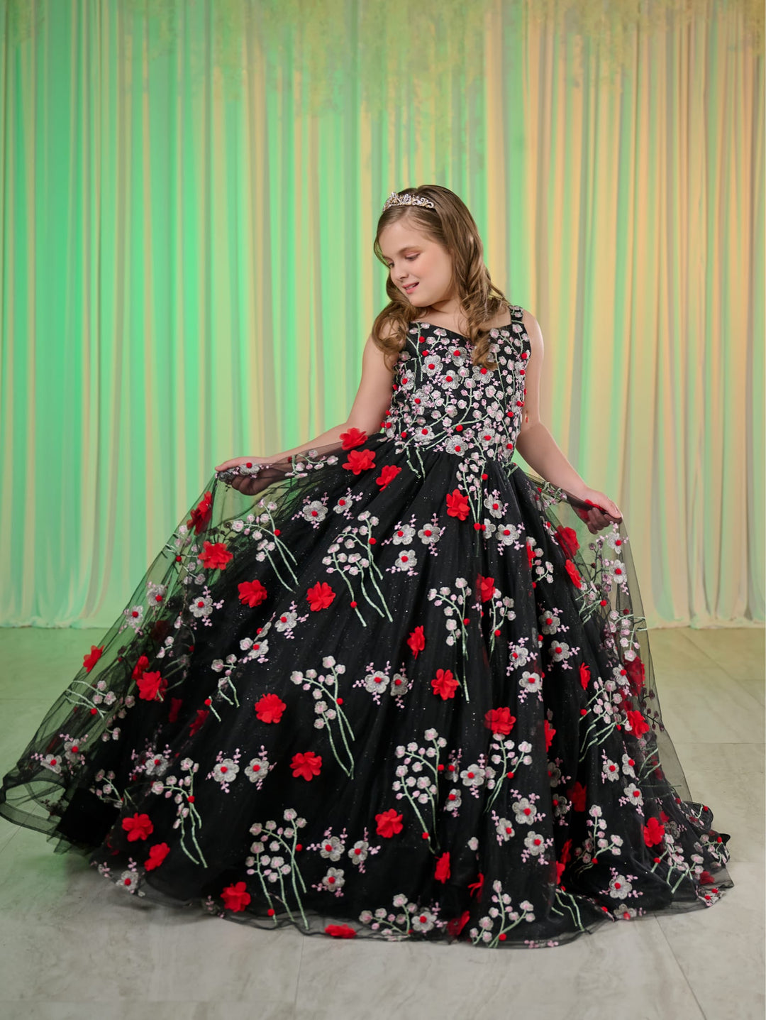 Girls Floral Applique Gown by Tiffany Princess 13770