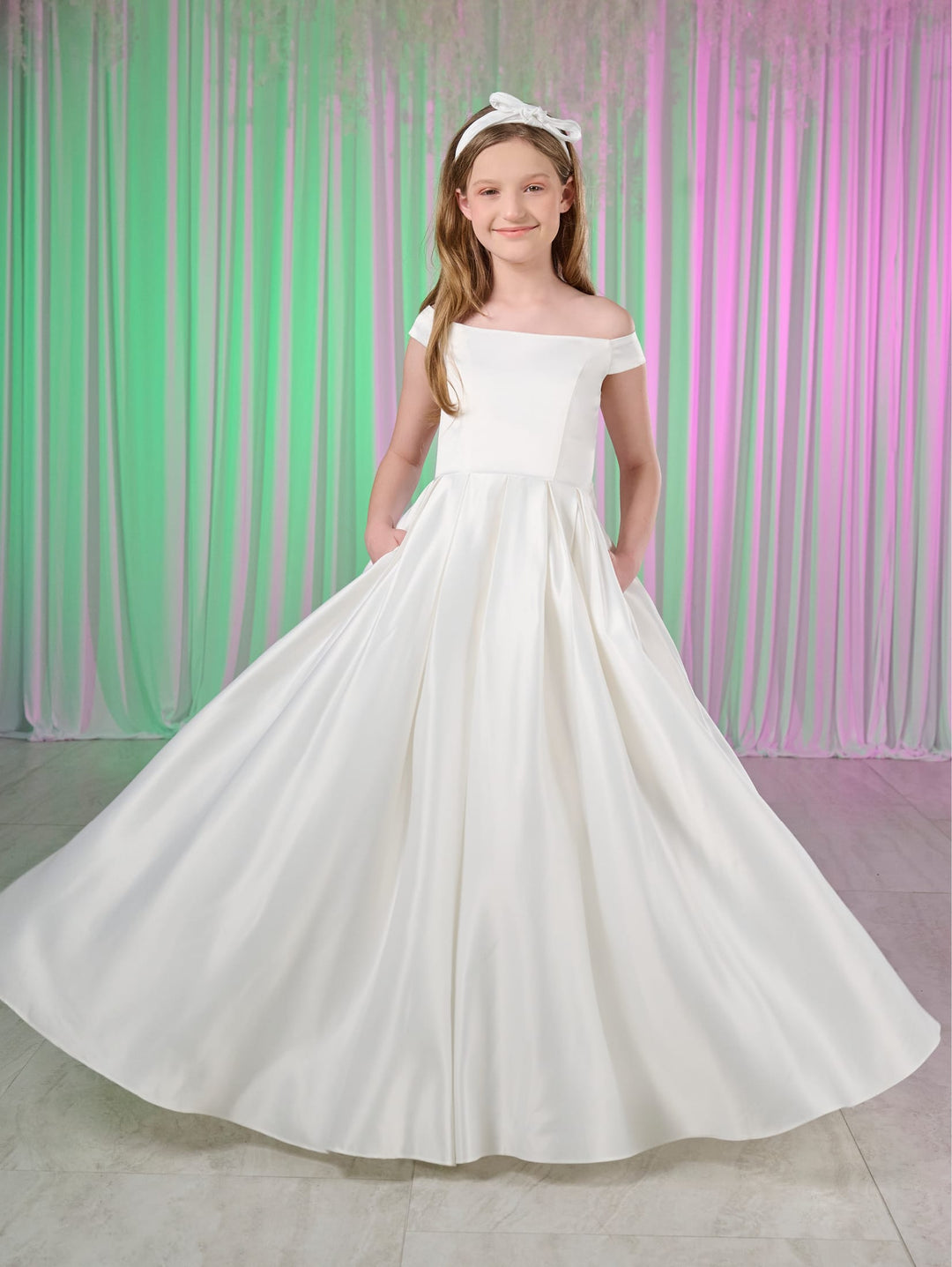 Girls White Off Shoulder Gown by Tiffany Princess 13776