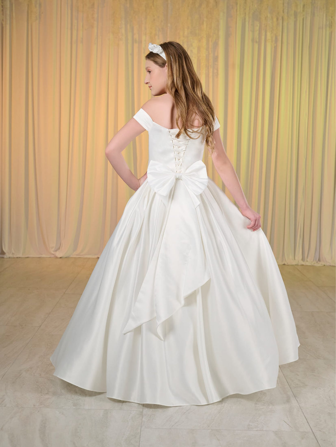 Girls White Off Shoulder Gown by Tiffany Princess 13776