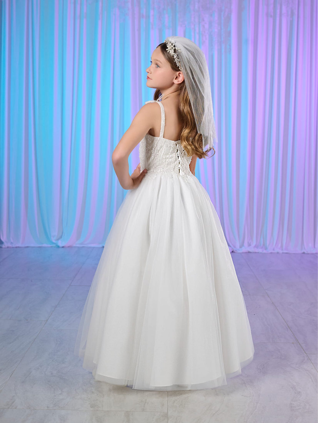 Girls White Tea Length Dress by Tiffany Princess 13778