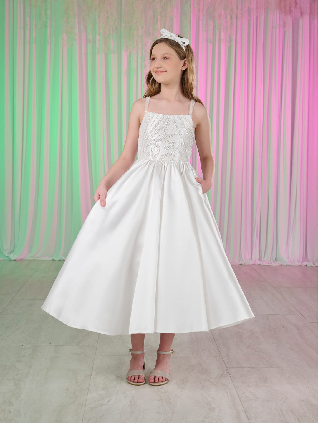 Girls White Tea Length Dress by Tiffany Princess 13782