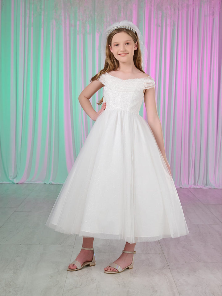 Girls White Tea Length Dress by Tiffany Princess 13783