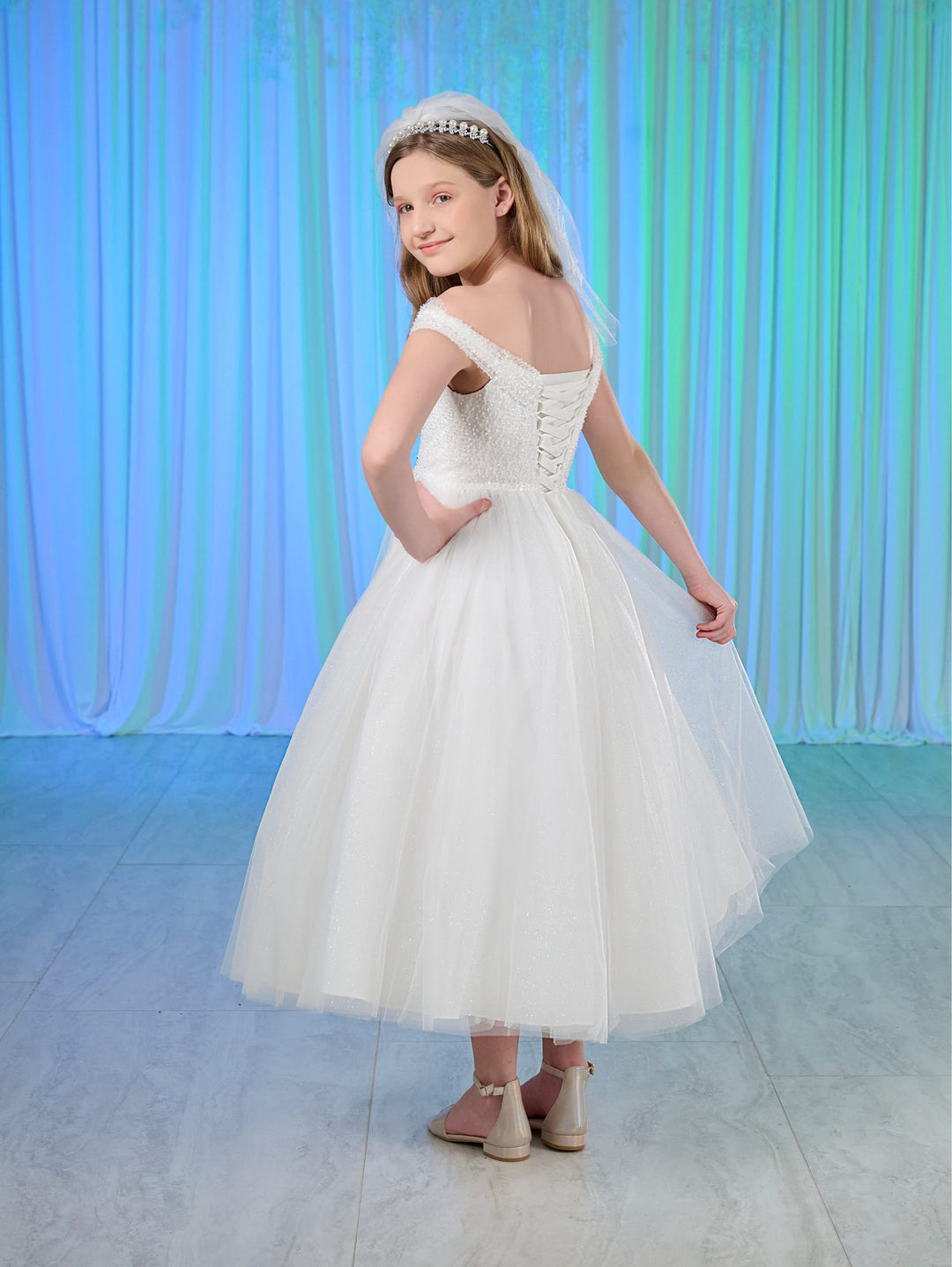 Girls White Tea Length Dress by Tiffany Princess 13783