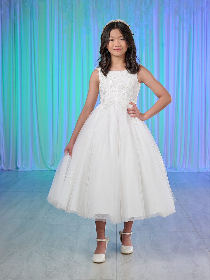 Girls White Tea Length Dress by Tiffany Princess 13784