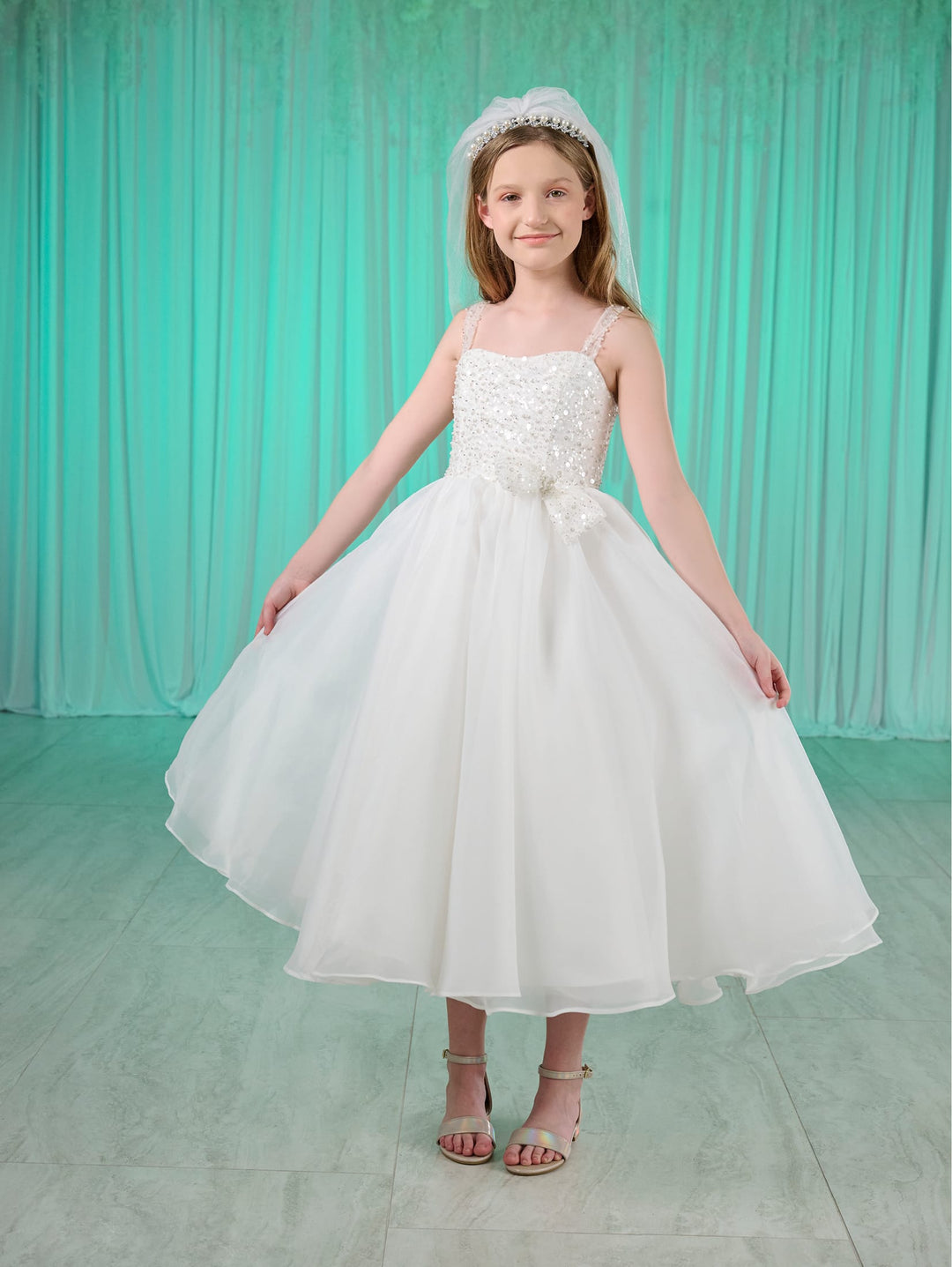 Girls White Tea Length Dress by Tiffany Princess 13785